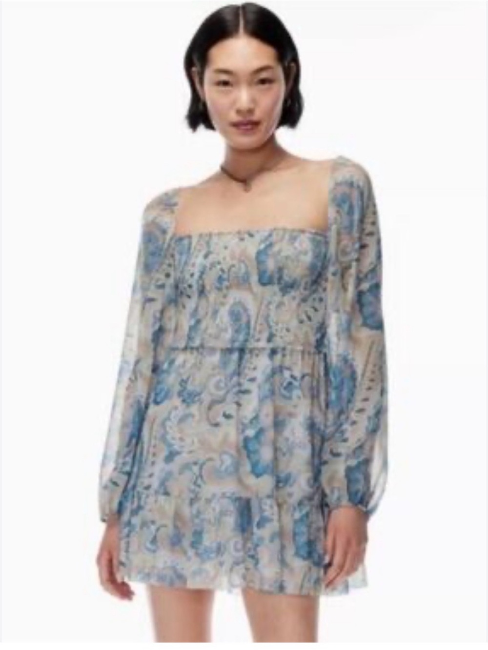 Aritzia Wilfred Blue Paisley Square-Neck Mini Dress
